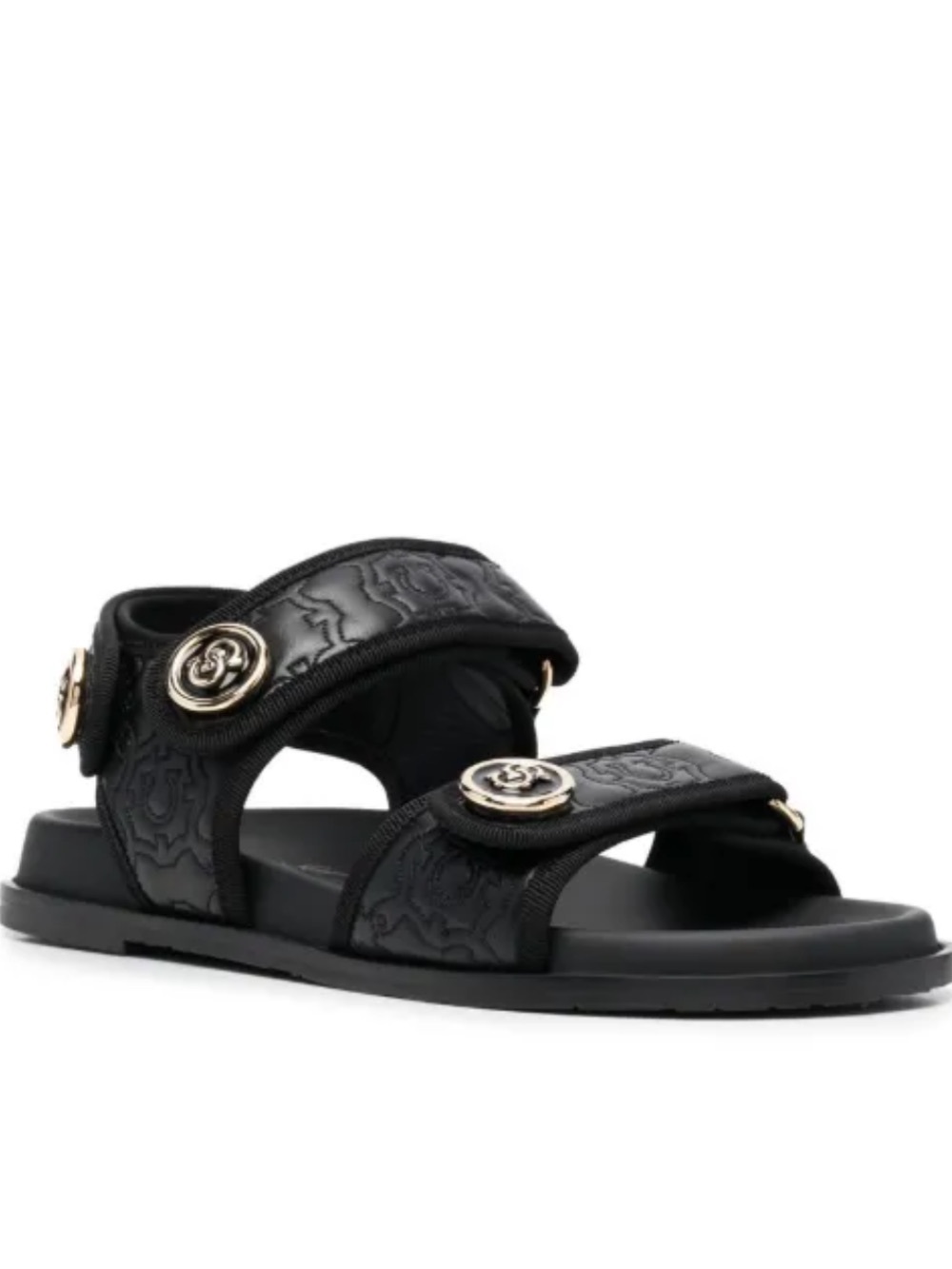 Salvatore Ferragamo keita sz 6 c  Black Embossed Strap Sandals Gold Buttons